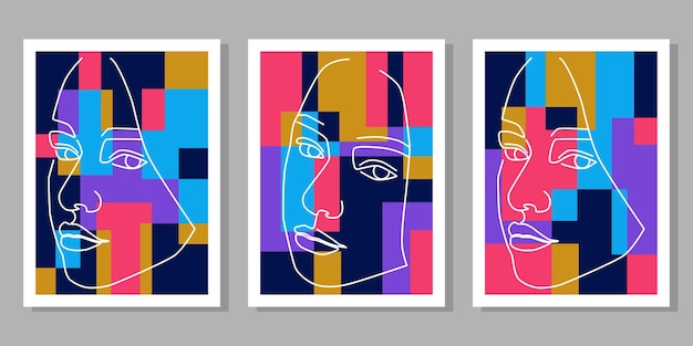 Abstract contemporary line portrait face boho poster template collection