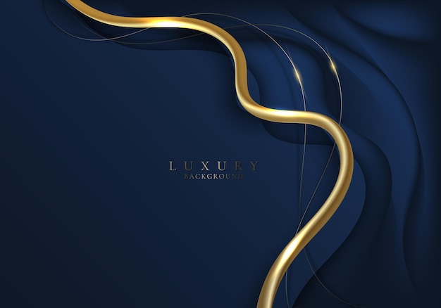 Abstract elegant 3D golden wave curved line elements with lighting effect on dark blue background