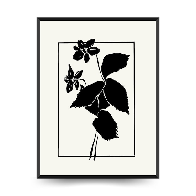 Abstract floral posters template. Modern Botanical trendy black style. Vintage flowers. Ink wall  ar