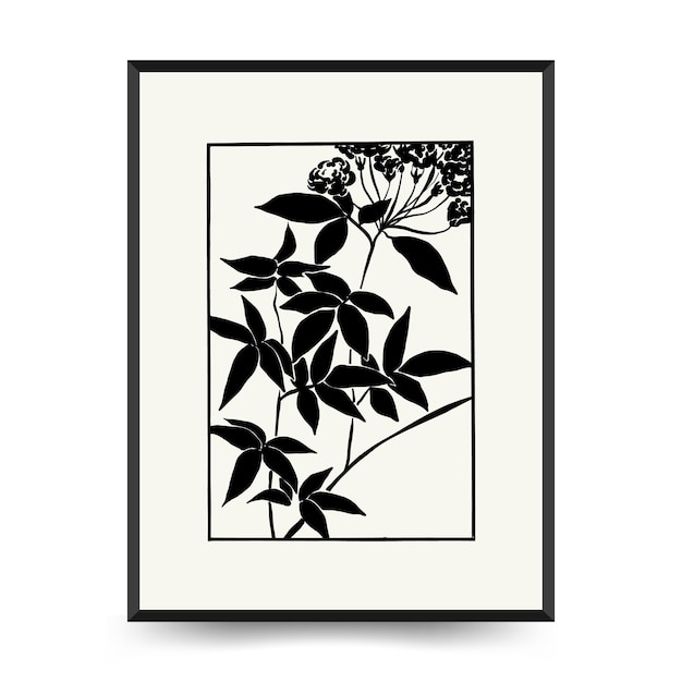 Abstract floral posters template. Modern Botanical trendy black style. Vintage flowers. Ink wall  ar