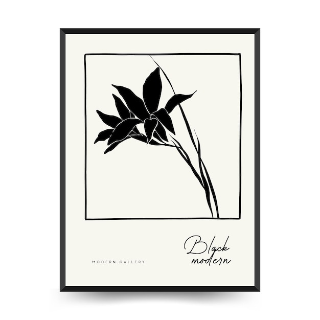 Abstract floral posters template. Modern Botanical trendy black style. Vintage flowers. Ink wall  ar