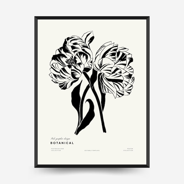 Abstract floral posters template. Modern Botanical trendy black style. Vintage flowers.