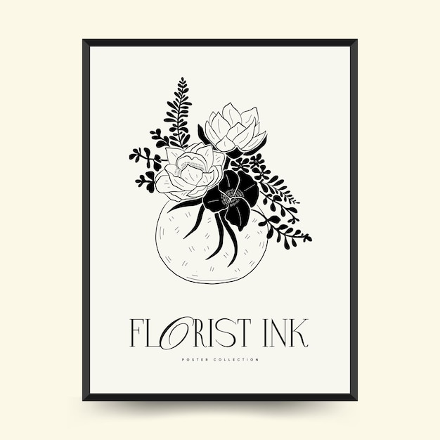 Abstract floral posters template. Modern Botanical trendy black style. Vintage flowers.