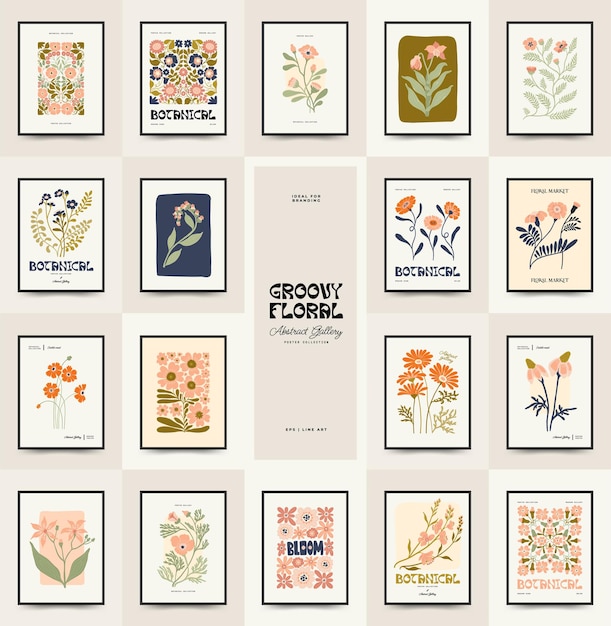 Abstract floral posters template Modern trendy Matisse minimal style Groovy Hand drawn