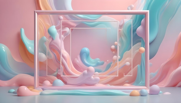 Vector abstract image of a pink frame with flowing pastelcolored liquid forms inside the scene is set against a pink background