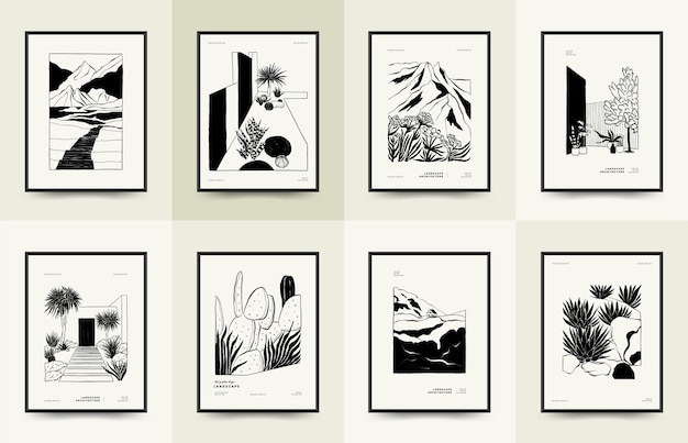 Abstract landscape interior contemporary minimal aesthetic Hand drawn illustrations wall art