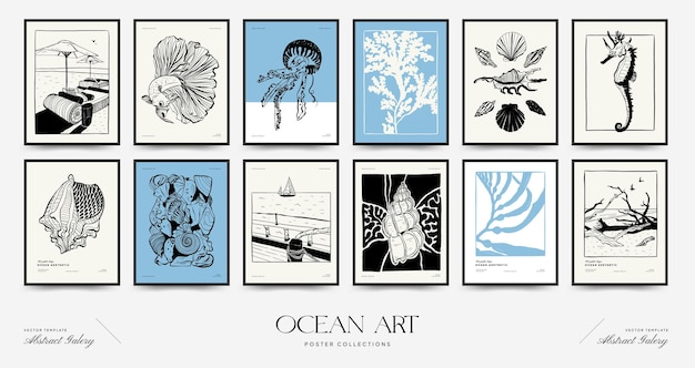 Abstract ocean and sea posters template Modern sea Botanical trendy black style Vintage seaweed f