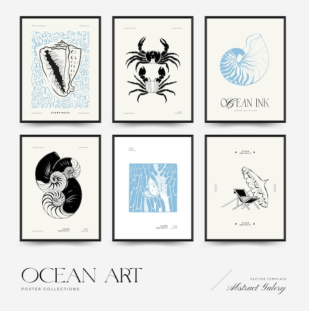 Abstract ocean and sea posters template Modern sea Botanical trendy black style Vintage seaweed f