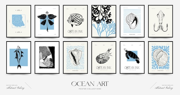 Abstract ocean and sea posters template Modern sea Botanical trendy black style Vintage seaweed f