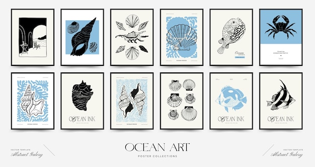 Abstract ocean and sea posters template Modern sea Botanical trendy black style Vintage seaweed f