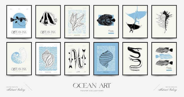 Abstract ocean and sea posters template Modern sea Botanical trendy black style Vintage seaweed f