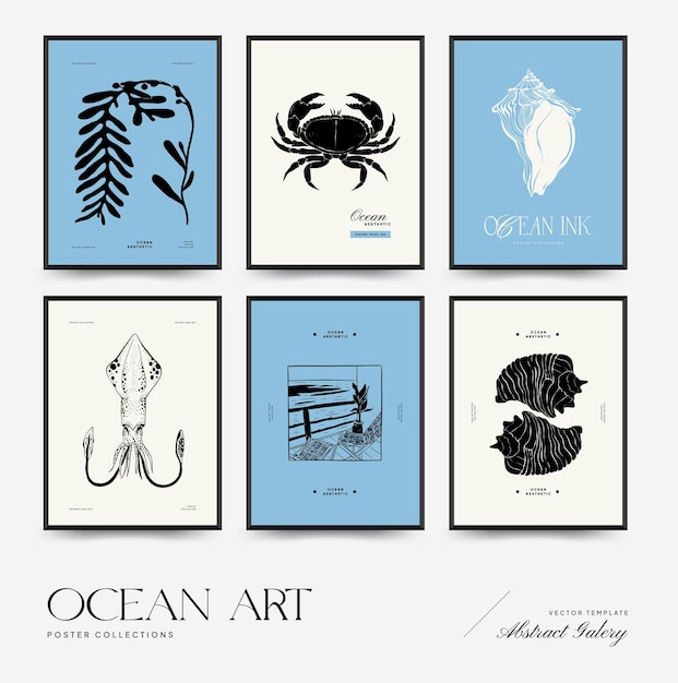 Abstract ocean and sea posters template Modern sea Botanical trendy black style Vintage seaweed f