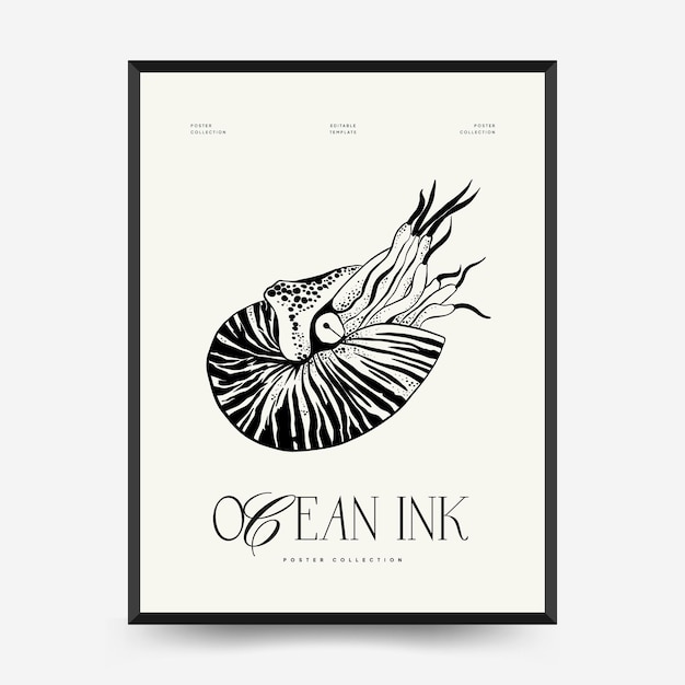 Abstract ocean and sea posters template. Modern sea Botanical trendy black style. Vintage seaweed