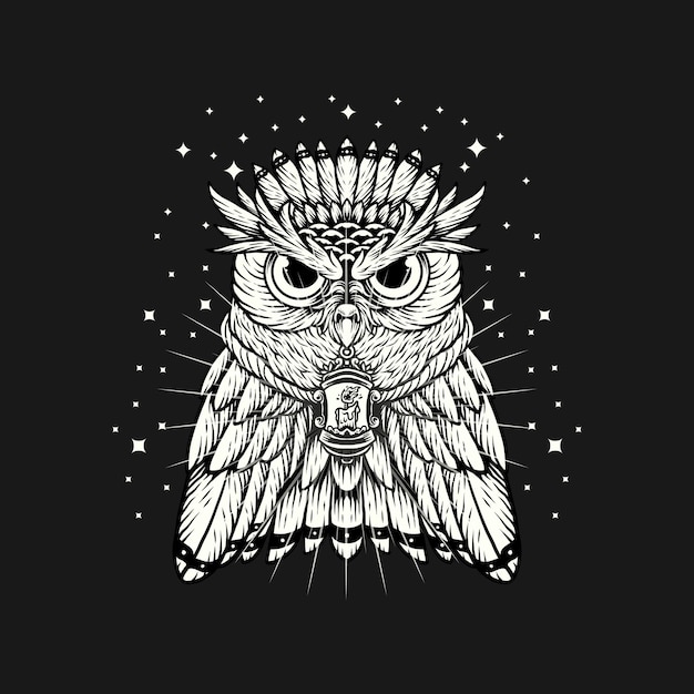 Vector abstract owl night logo hand drawing vector illustration template design on black background