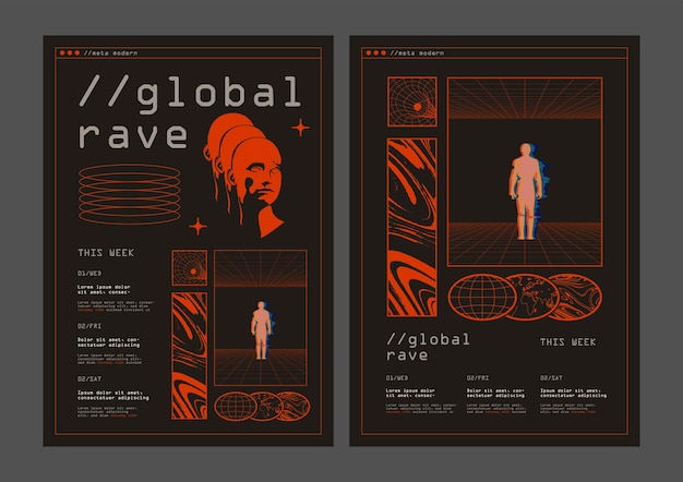 Abstract retro futuristic rave music party flyer design templates with abstract scifi elements