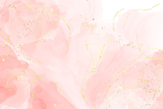 Abstract rose blush liquid watercolor background with golden lines dots and stains