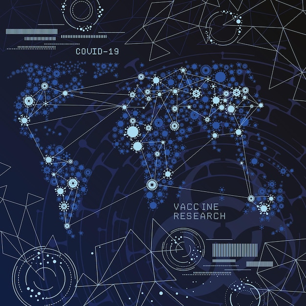 Vector abstract science illustration with world map made of cells and biohazard sign