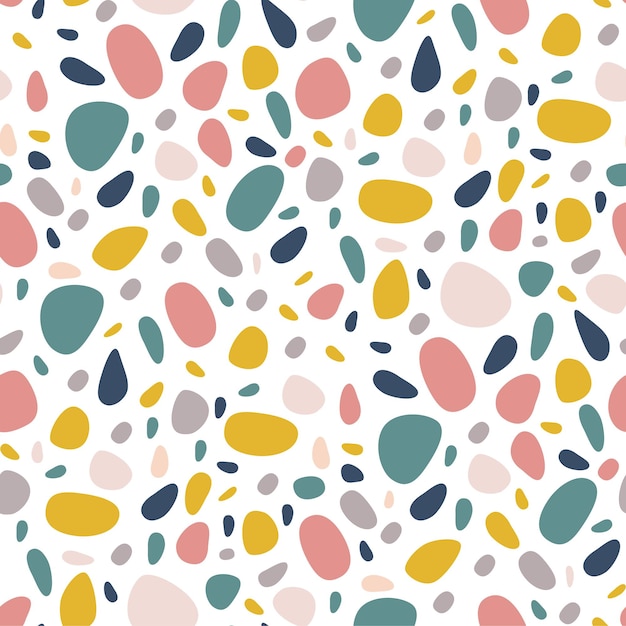 Abstract seamless pattern with colorful pebbles on white. Bright stone mosaic terazzo background