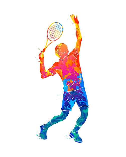 Vector abstract tennis player with a racket from splash of watercolors.  illustration of paints