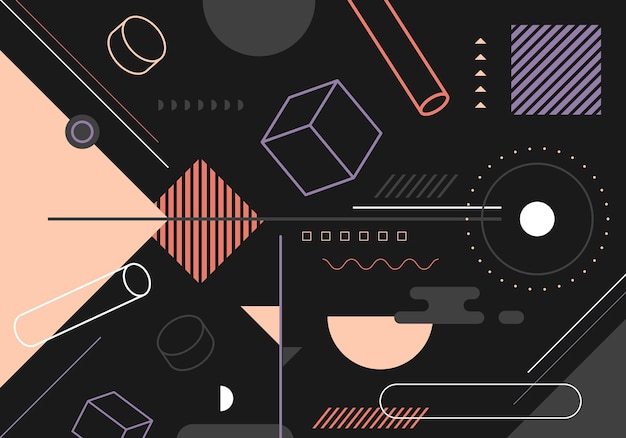 Abstract trendy elements simple 3D geometric forms pattern on black background Vector graphic illustration