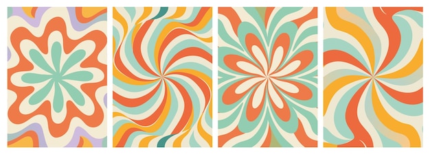 Vector abstract trippy wave background set retro background 70s hippie style vector illustration