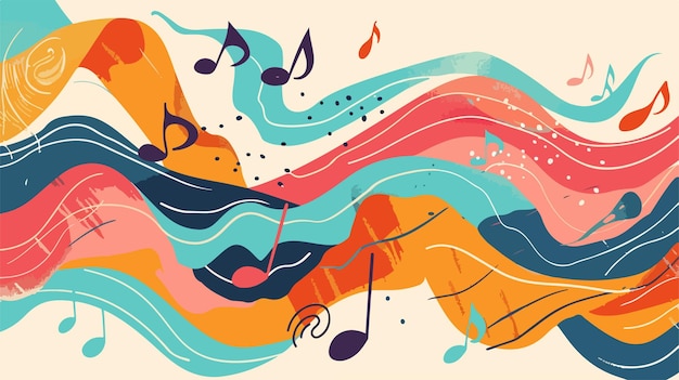 Vector abstract waves with musical notes on white background