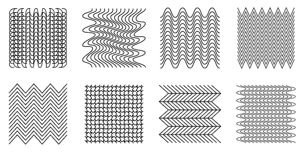 Vector abstract wavy and zigzag objects and grids black and white vector illustration linear drawing of warped and convex shapes