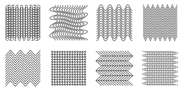 Abstract wavy and zigzag objects and grids Black and white vector illustration Linear drawing of warped and convex shapes