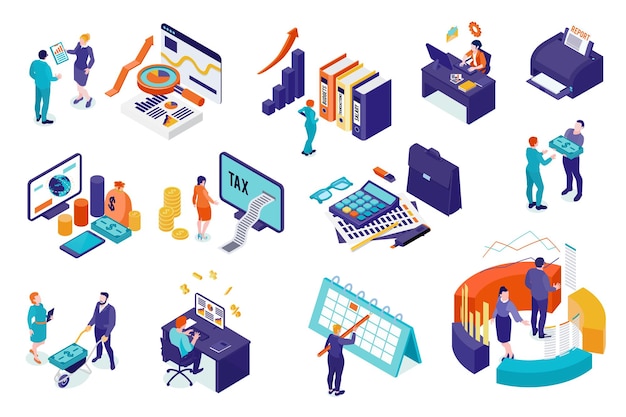 Accounting isometric set of people involved in business analysis auditing tax process financial report isolated vector illustration