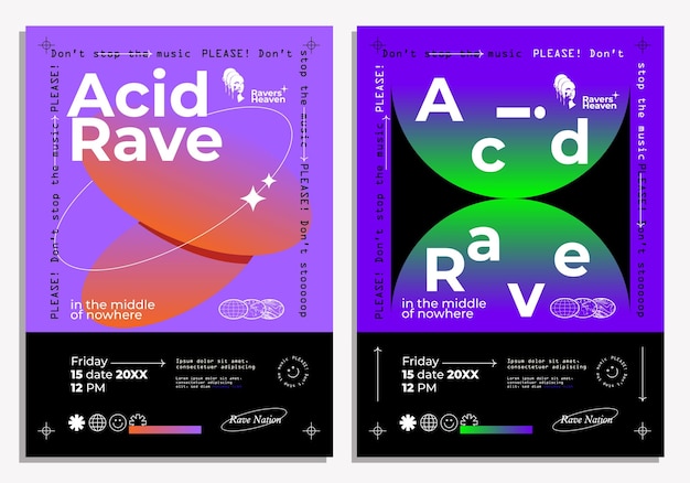 Vector acid rave party of festival flyer or poster design template with abstract geometric gradient shapes