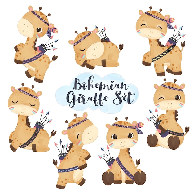 Adorable boho giraffe illustration set