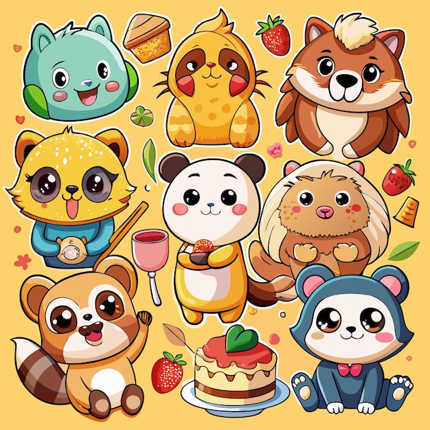 Vector adorable cartoon animals with big eyes and cute expressions