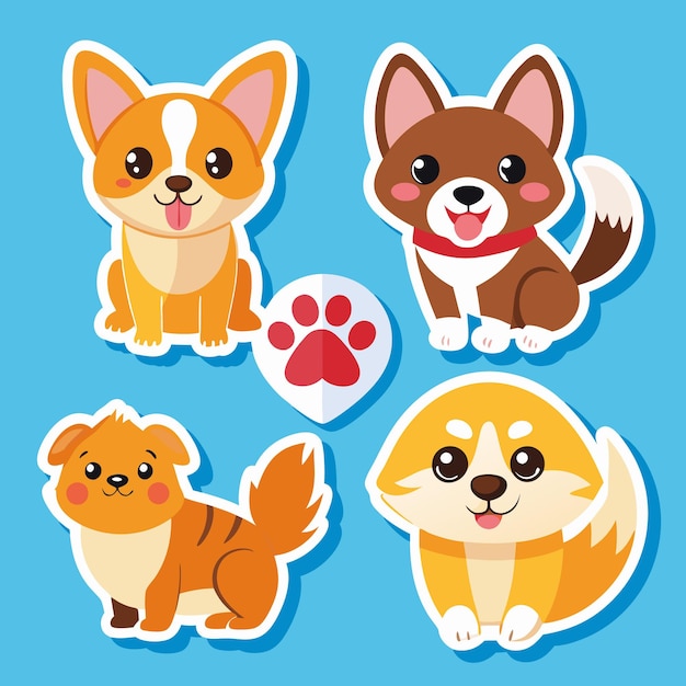 Vector adorable cartoon dogs stickers with paw print on blue background