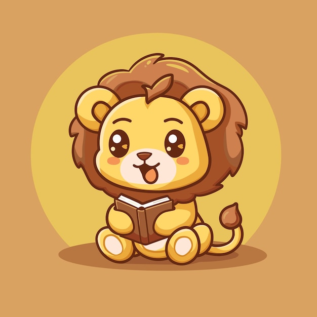 Vector adorable cartoon lion reading a book