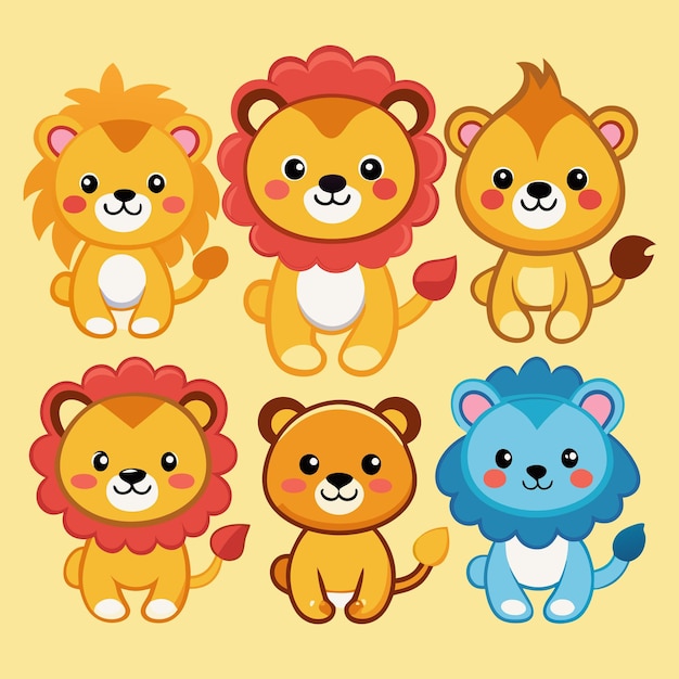 Vector adorable cartoon lions with different manes colors and poses