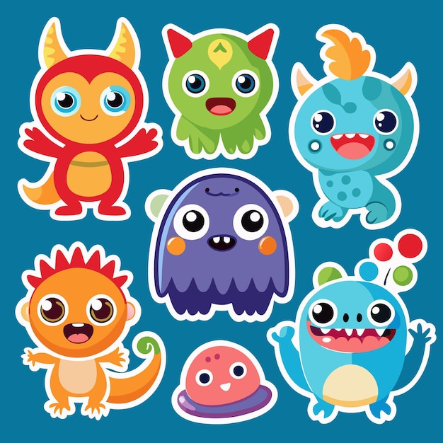 Vector adorable cartoon monster stickers on a blue background