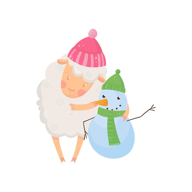 Adorable fluffy sheep standing near little snowman Two cartoon characters in warm winter hats and scarf Cute domestic animal with pink cheeks Flat vector design