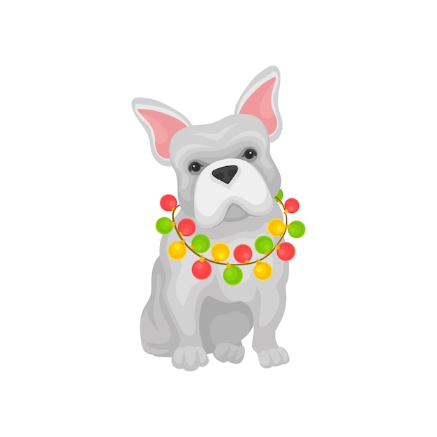 Adorable french bulldog with Christmas garland on neck Home pet Decorative element for web banner or poster Cartoon vector icon Colorful illustration in flat style isolated on white background