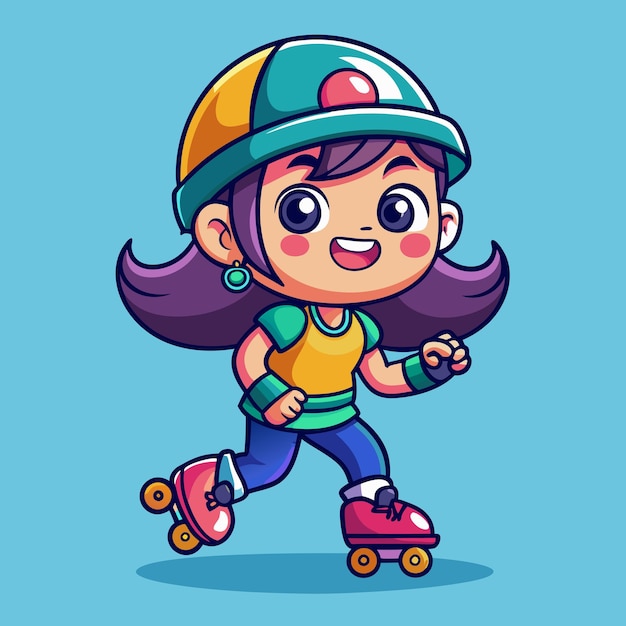 Vector adorable girl on rollerblades cartoon illustration