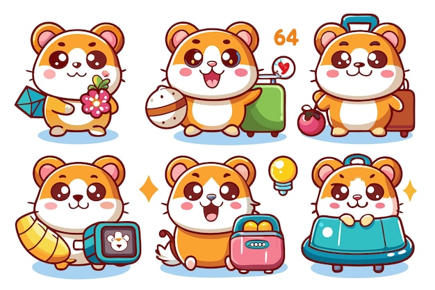 Vector adorable hamster cartoon character set in different poses with various accessories