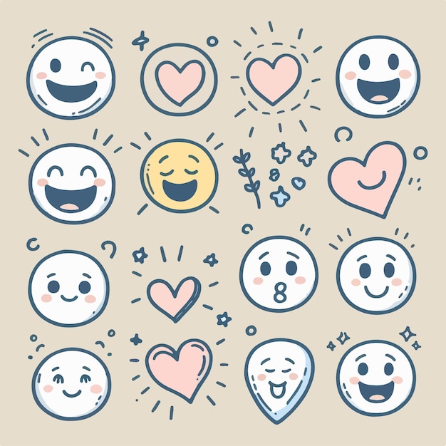 Vector adorable hand drawn smiley faces illustration collection