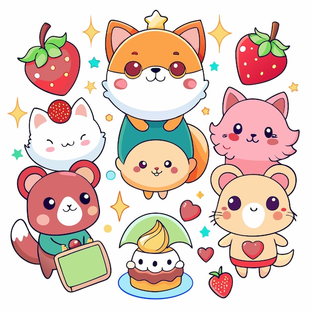 Vector adorable kawaii animals with strawberries cake cute cartoon characters