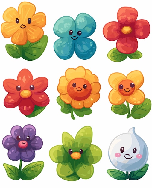 Vector adorable kawaii flowers white background