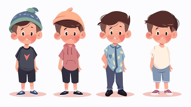 Vector adorable little boys wearing different outfits standing together