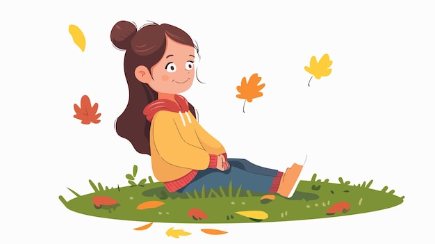 Vector adorable little girl sitting on grass in park