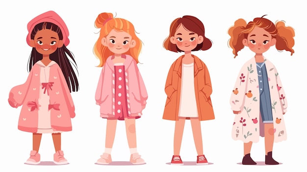 Vector adorable little girls in trendy casual outfits standing together