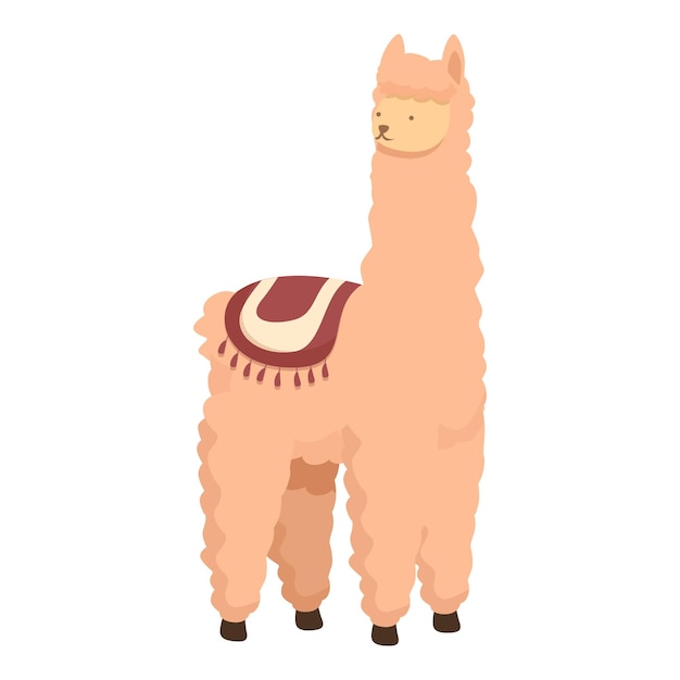 Adorable vector illustration of a smiling cartoon alpaca with a colorful saddle isolated on a white background