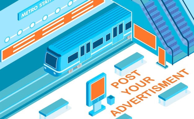 Vector advertising in metro with headline on train station symbols isometric  illustration