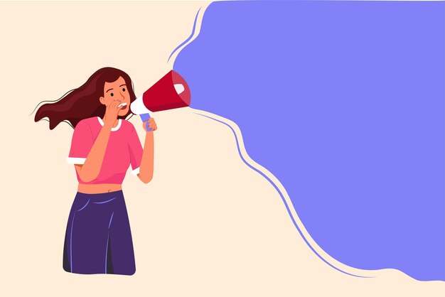 Vector advertising and promotion concept.  woman character shouting in loudspeaker