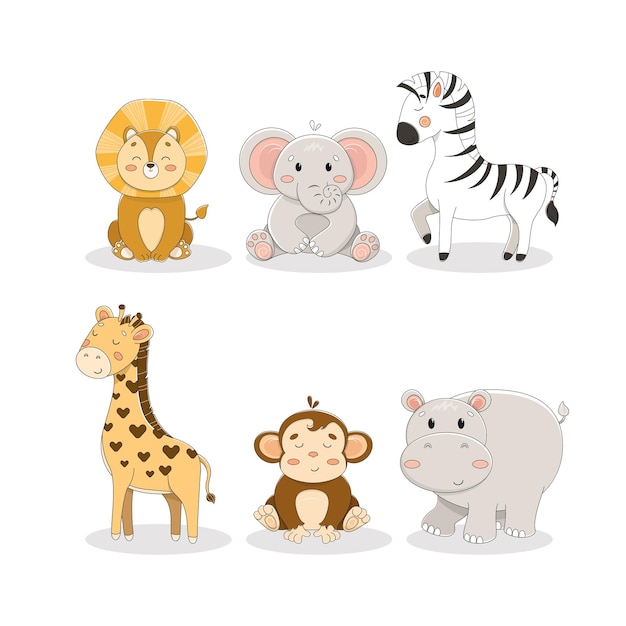 African animals in flat style isolated on white background Collection of cute cartoons lion